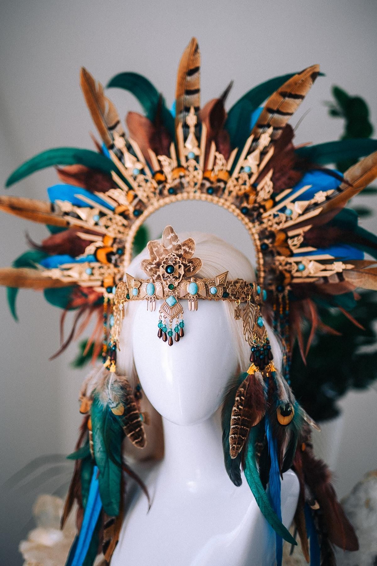 Boho Feather Halo Crown, Goddess Festival Crown, Turquoise Feather Headpiece, Luxury Festival Headpiece, Statement Halo Crown
