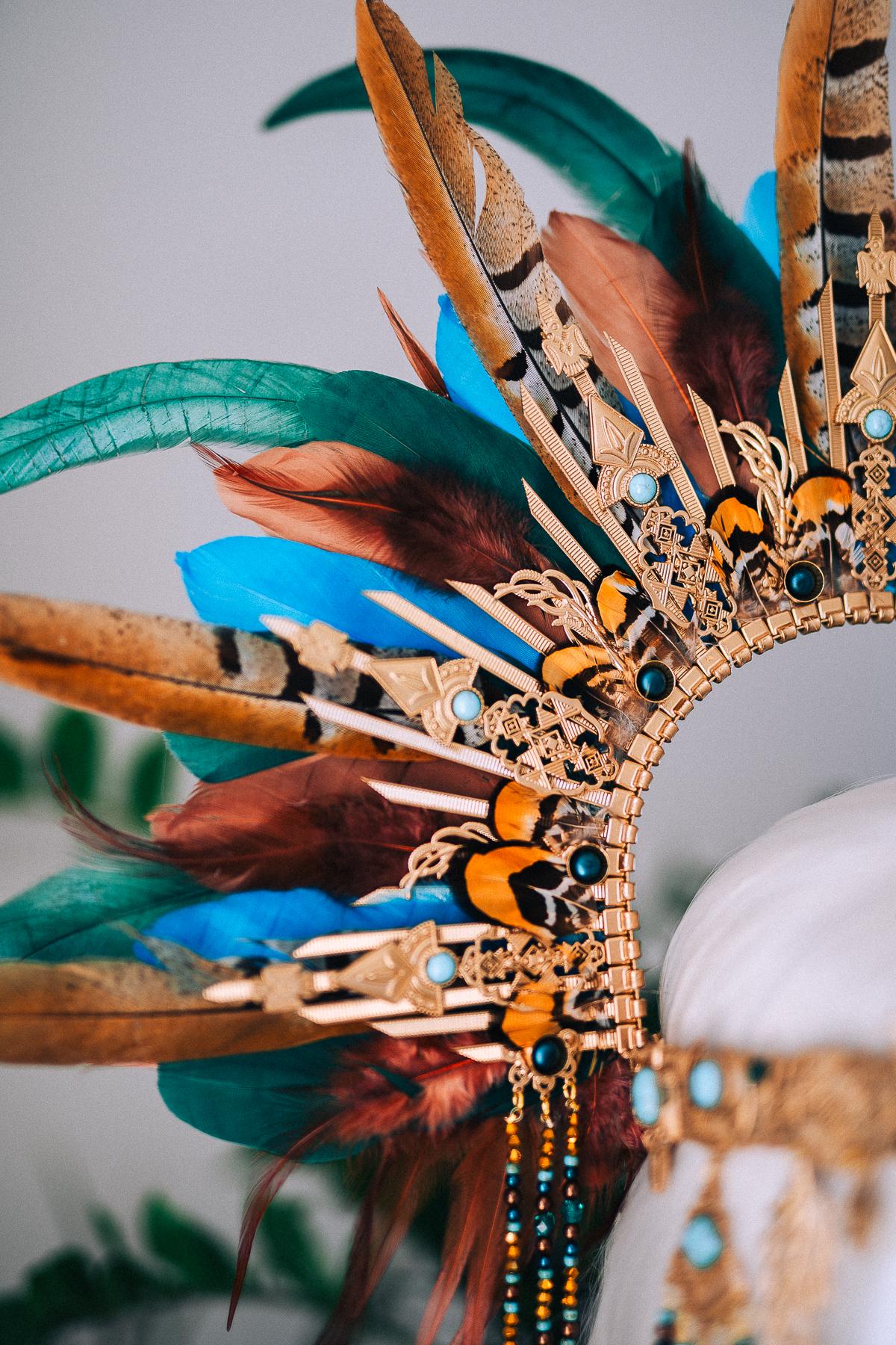 Boho Feather Halo Crown, Goddess Festival Crown, Turquoise Feather Headpiece, Luxury Festival Headpiece, Statement Halo Crown