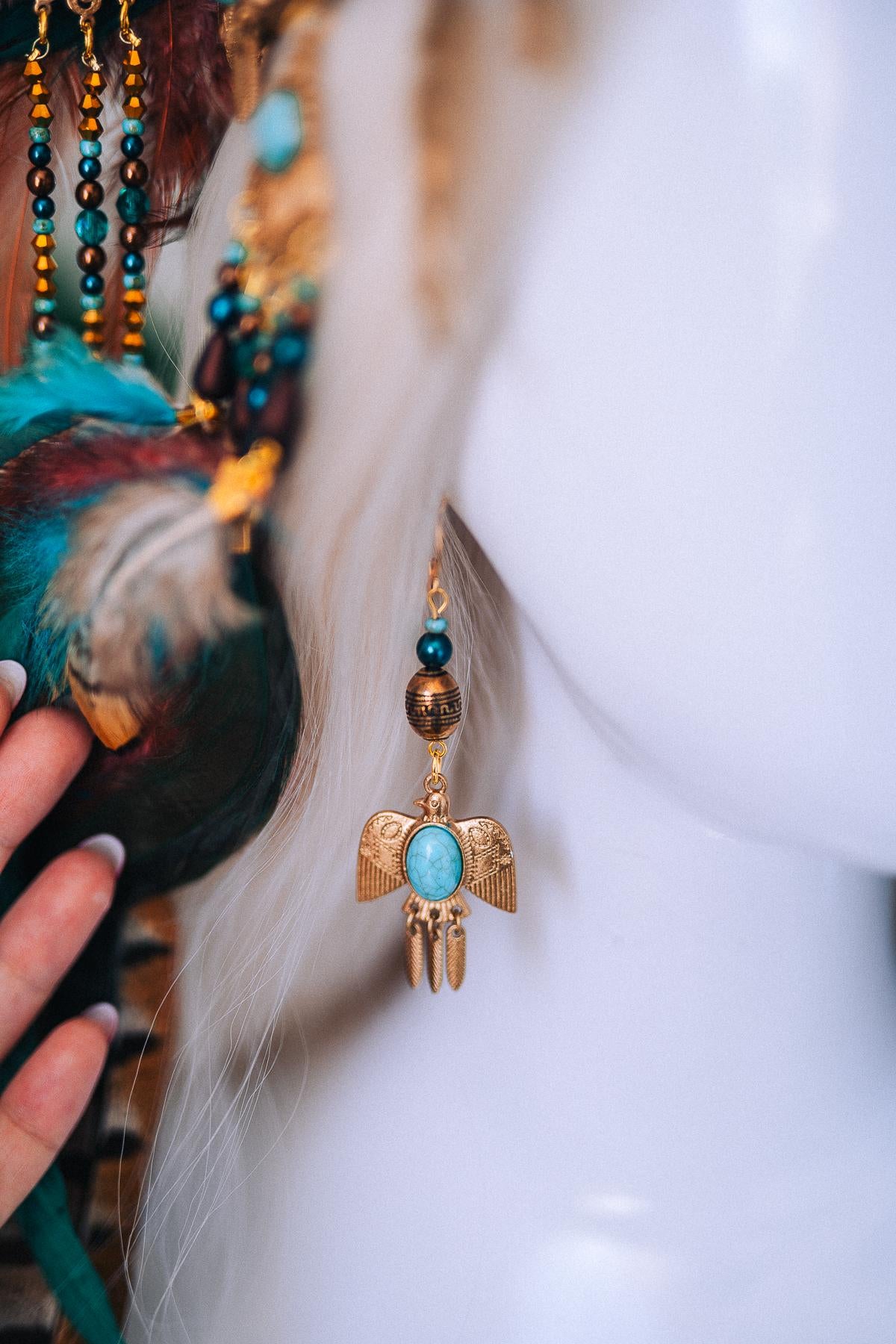 Boho Feather Halo Crown, Goddess Festival Crown, Turquoise Feather Headpiece, Luxury Festival Headpiece, Statement Halo Crown