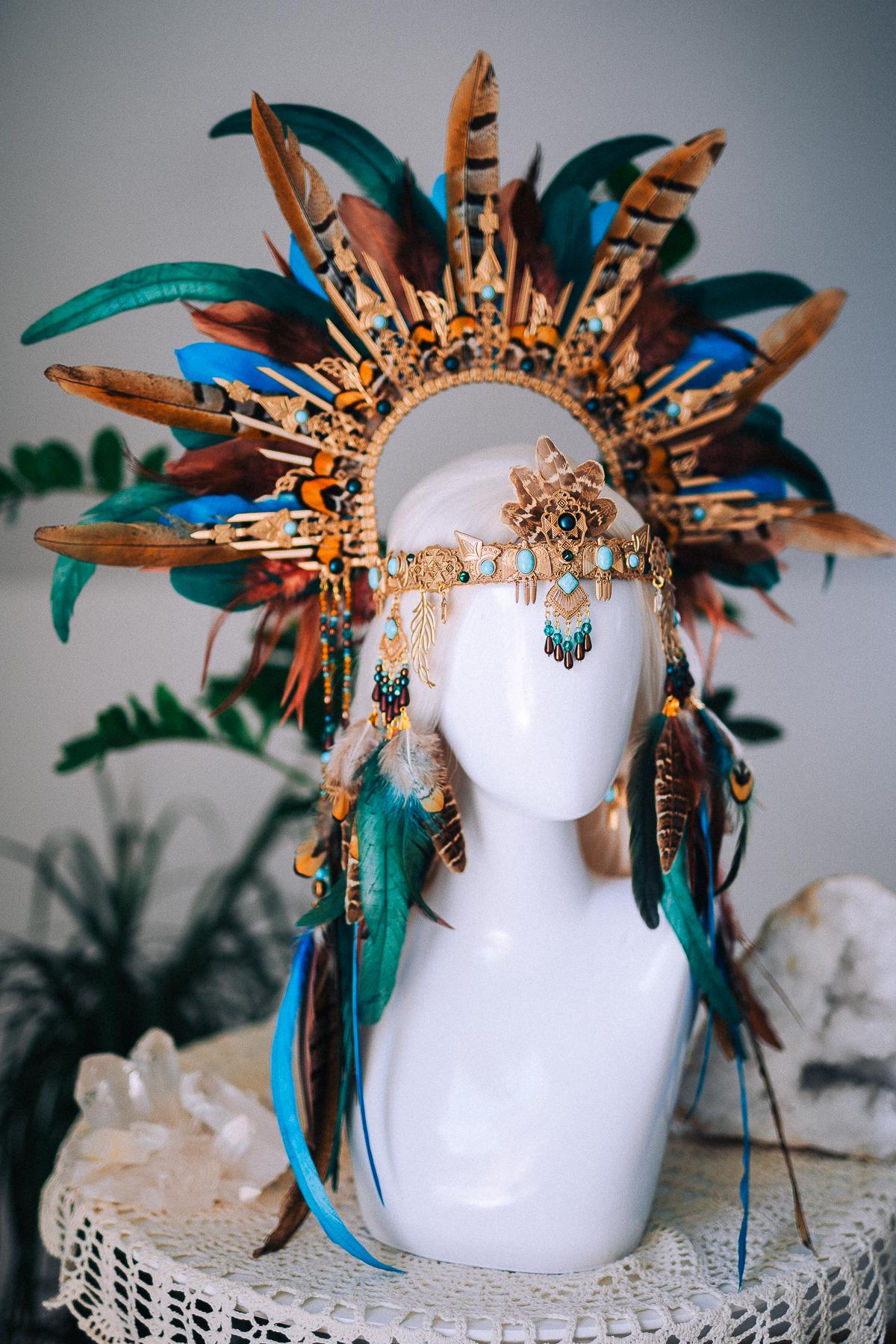 Boho Feather Halo Crown, Goddess Festival Crown, Turquoise Feather Headpiece, Luxury Festival Headpiece, Statement Halo Crown