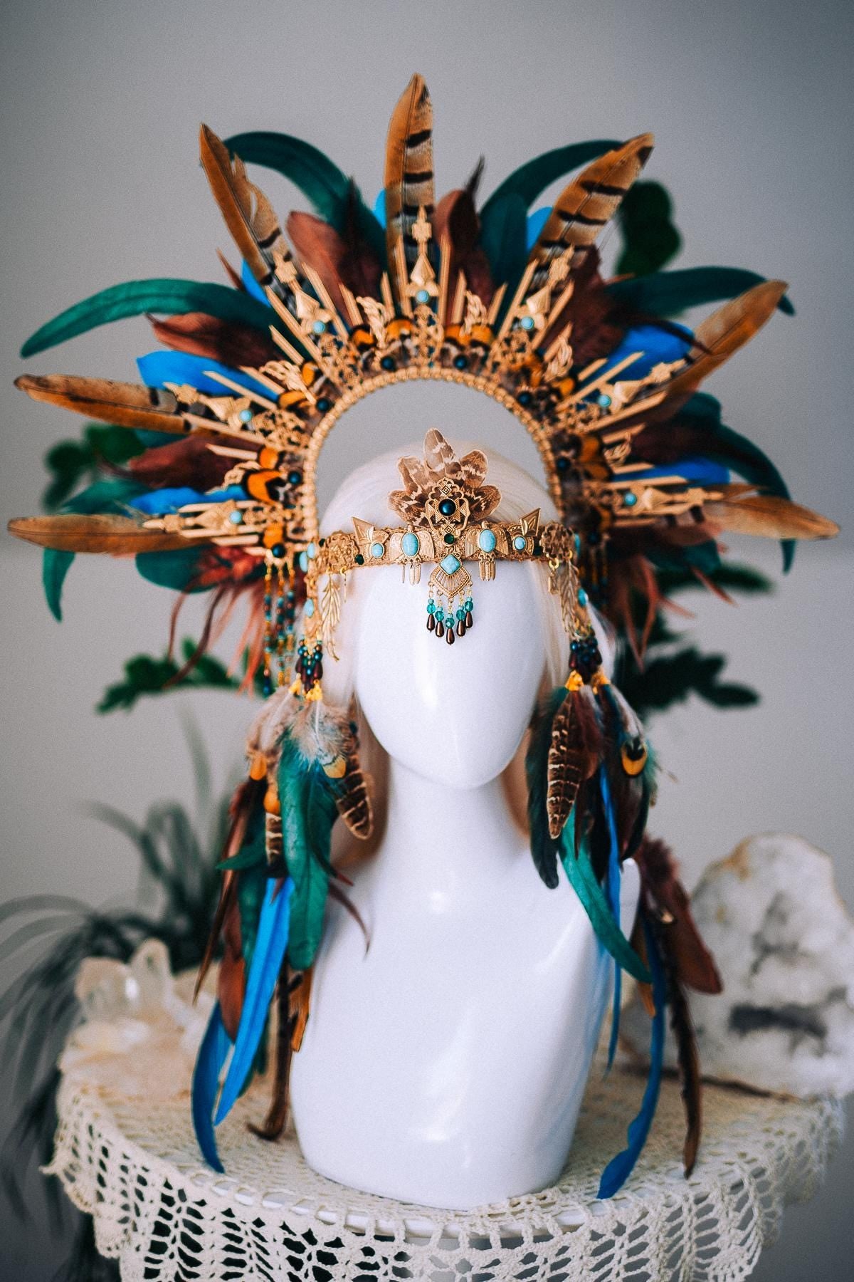 Boho Feather Halo Crown, Goddess Festival Crown, Turquoise Feather Headpiece, Luxury Festival Headpiece, Statement Halo Crown