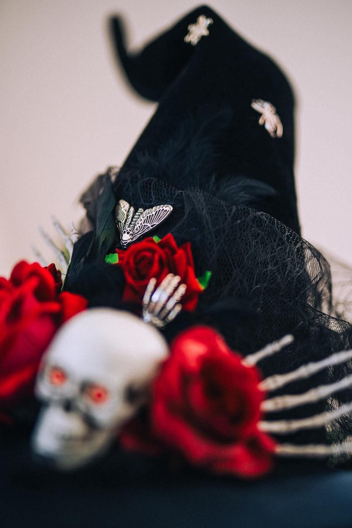 Halloween Witch Hat, Gothic Skull Hat, Red Rose Witch Hat, Spider Witch Hat, Spooky Halloween Costume Hat, Handmade Gothic Headpiece