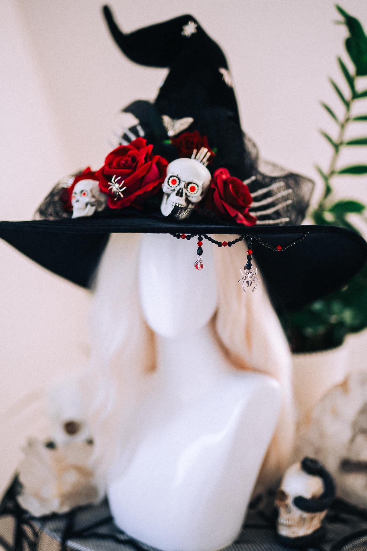 Halloween Witch Hat, Gothic Skull Hat, Red Rose Witch Hat, Spider Witch Hat, Spooky Halloween Costume Hat, Handmade Gothic Headpiece