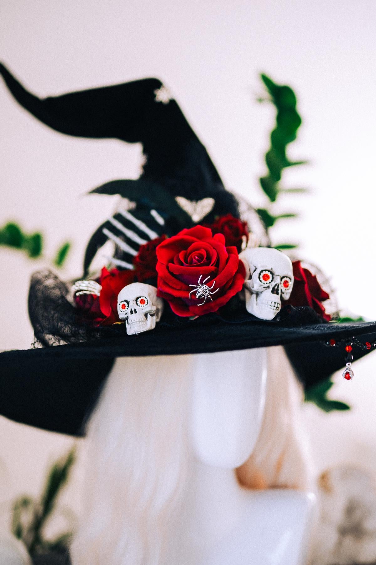 Halloween Witch Hat, Gothic Skull Hat, Red Rose Witch Hat, Spider Witch Hat, Spooky Halloween Costume Hat, Handmade Gothic Headpiece