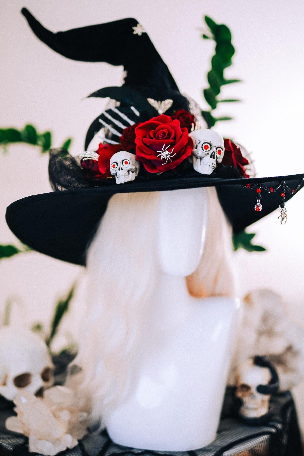 Halloween Witch Hat, Gothic Skull Hat, Red Rose Witch Hat, Spider Witch Hat, Spooky Halloween Costume Hat, Handmade Gothic Headpiece