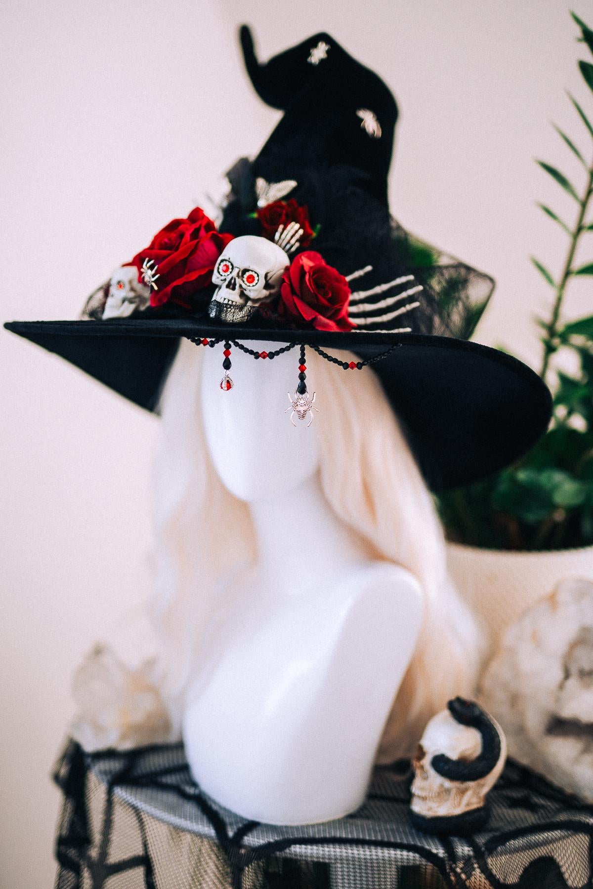Halloween Witch Hat, Gothic Skull Hat, Red Rose Witch Hat, Spider Witch Hat, Spooky Halloween Costume Hat, Handmade Gothic Headpiece