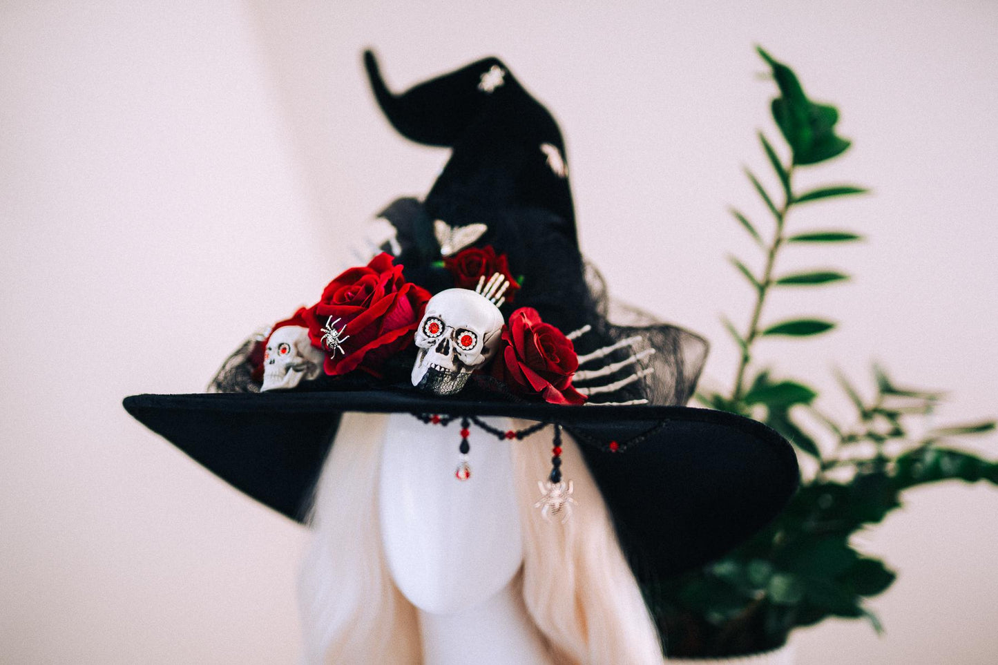 Halloween Witch Hat, Gothic Skull Hat, Red Rose Witch Hat, Spider Witch Hat, Spooky Halloween Costume Hat, Handmade Gothic Headpiece