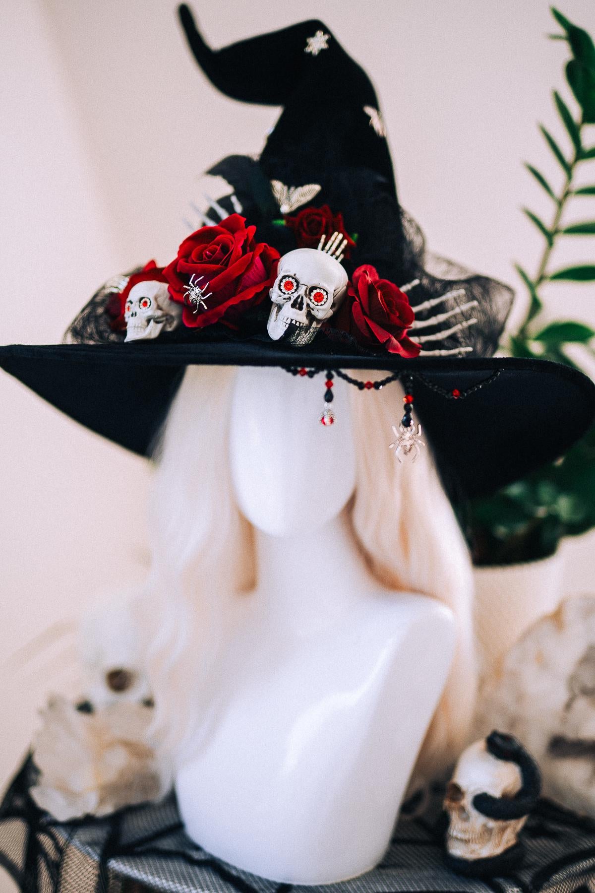 Halloween Witch Hat, Gothic Skull Hat, Red Rose Witch Hat, Spider Witch Hat, Spooky Halloween Costume Hat, Handmade Gothic Headpiece