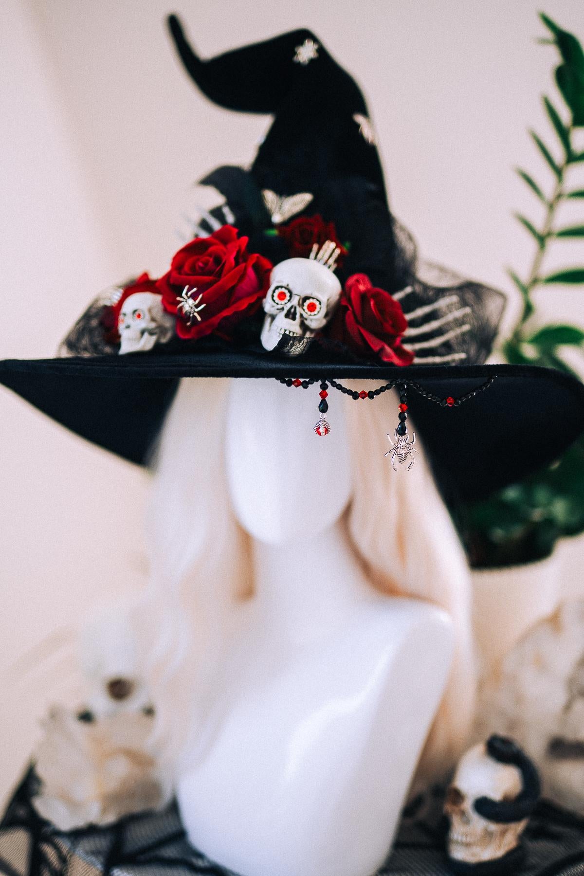 Halloween Witch Hat, Gothic Skull Hat, Red Rose Witch Hat, Spider Witch Hat, Spooky Halloween Costume Hat, Handmade Gothic Headpiece