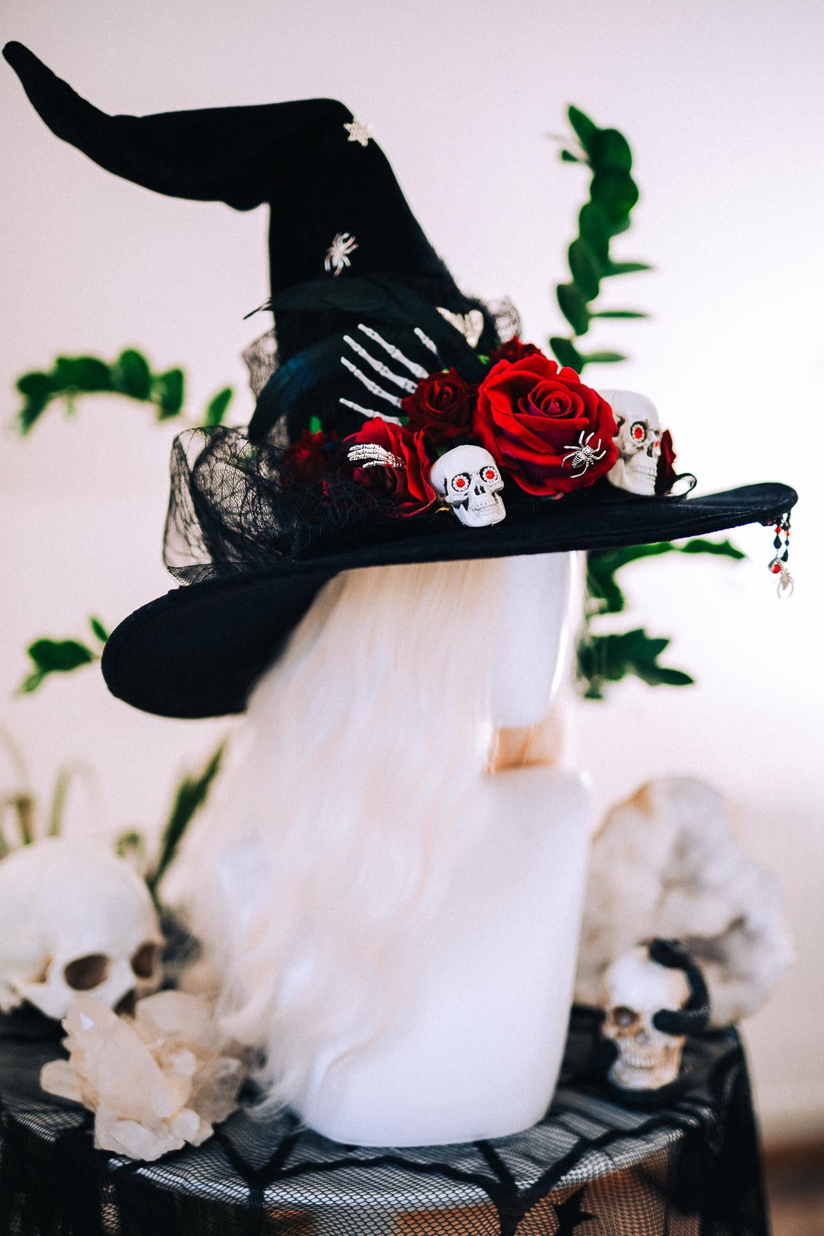 Halloween Witch Hat, Gothic Skull Hat, Red Rose Witch Hat, Spider Witch Hat, Spooky Halloween Costume Hat, Handmade Gothic Headpiece
