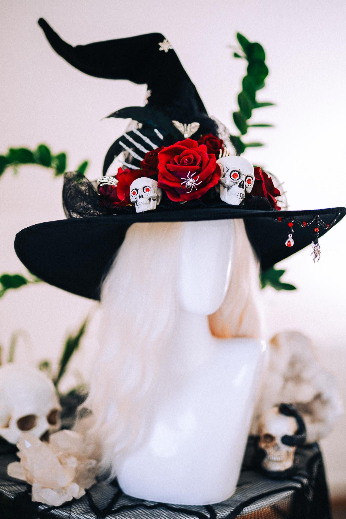 Halloween Witch Hat, Gothic Skull Hat, Red Rose Witch Hat, Spider Witch Hat, Spooky Halloween Costume Hat, Handmade Gothic Headpiece