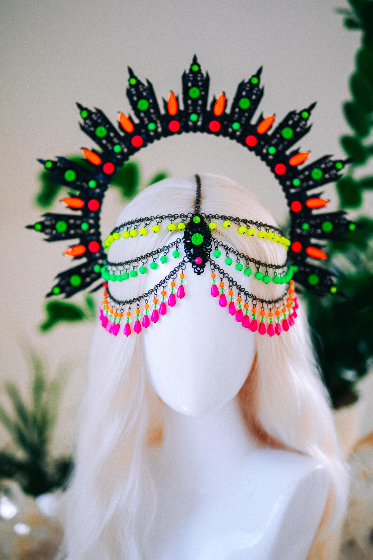 Neon UV Blacklight Halo Crown, Fluorescent Festival Headpiece, Rave Goddess Crown, Burning Man Headdress