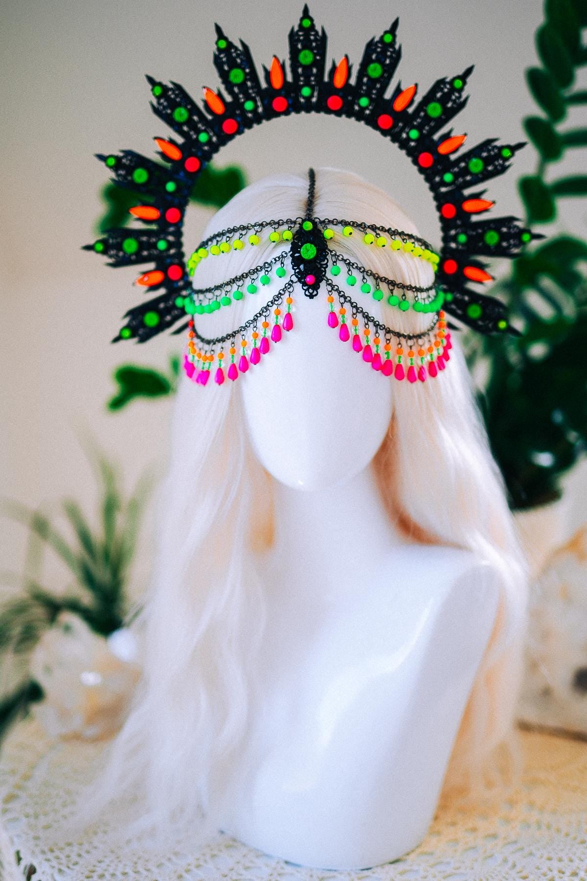 Neon UV Blacklight Halo Crown, Fluorescent Festival Headpiece, Rave Goddess Crown, Burning Man Headdress