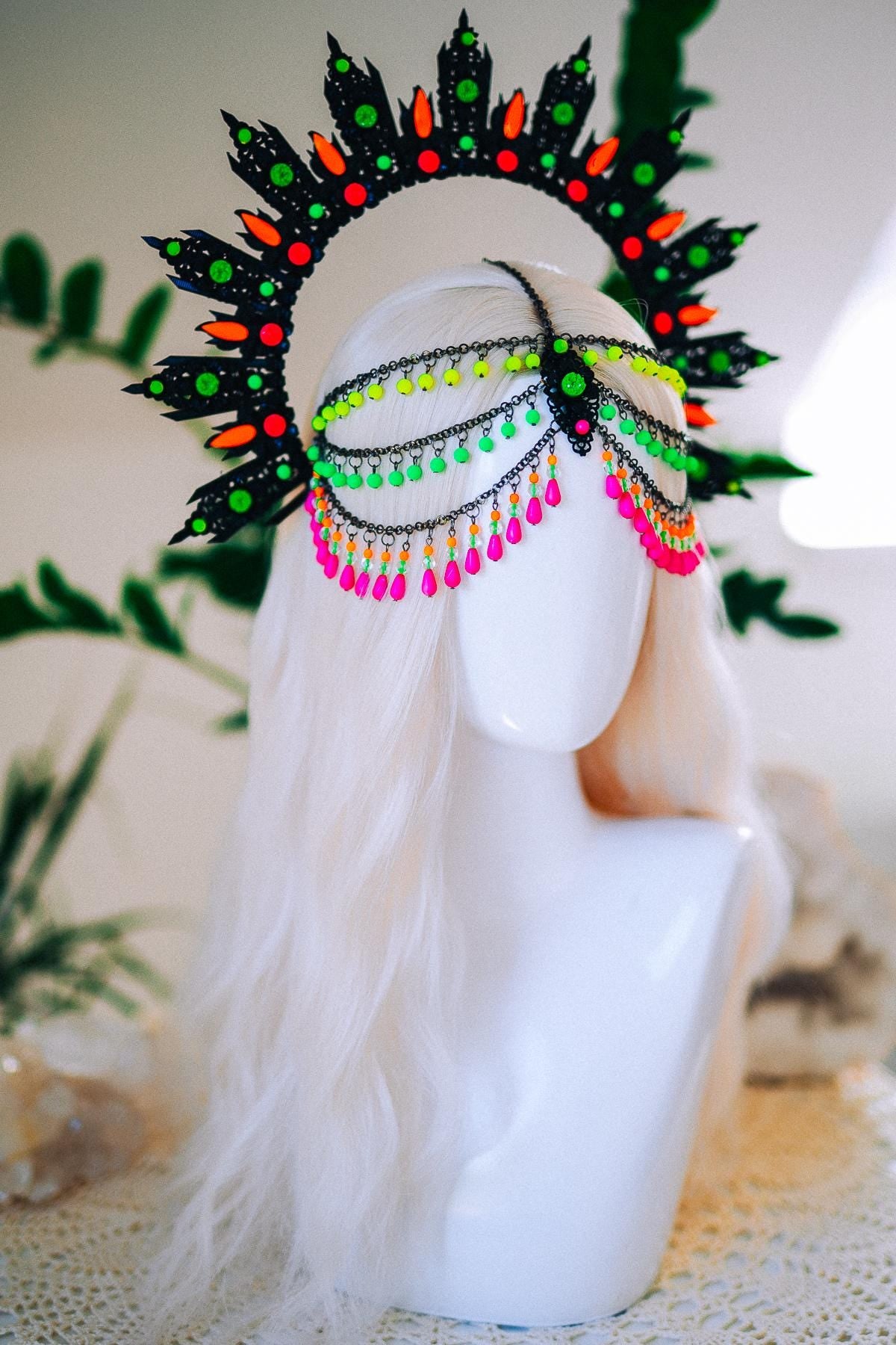 Neon UV Blacklight Halo Crown, Fluorescent Festival Headpiece, Rave Goddess Crown, Burning Man Headdress
