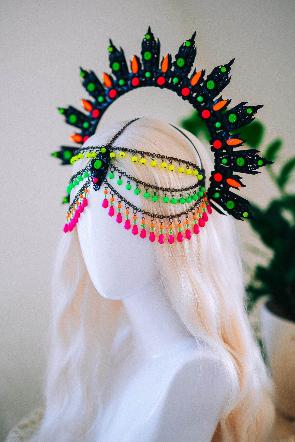 Neon UV Blacklight Halo Crown, Fluorescent Festival Headpiece, Rave Goddess Crown, Burning Man Headdress