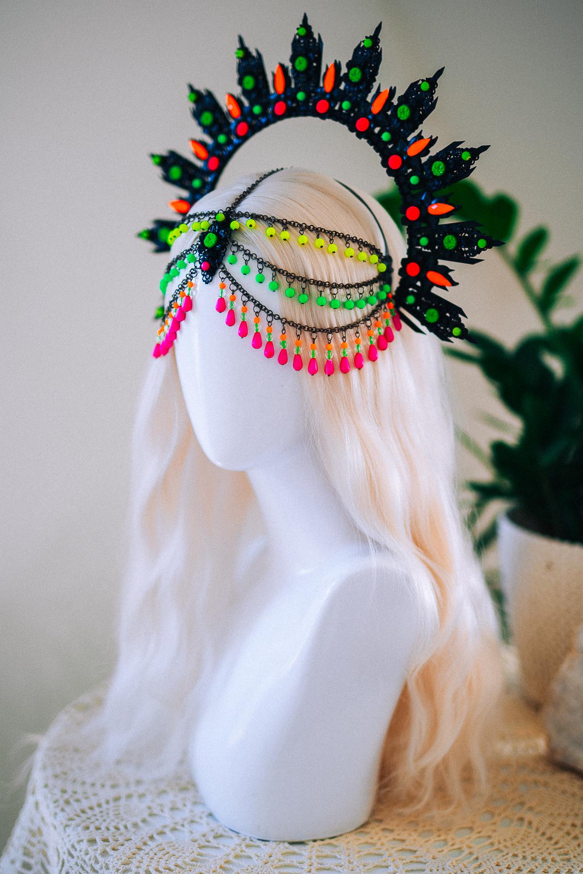 Neon UV Blacklight Halo Crown, Fluorescent Festival Headpiece, Rave Goddess Crown, Burning Man Headdress