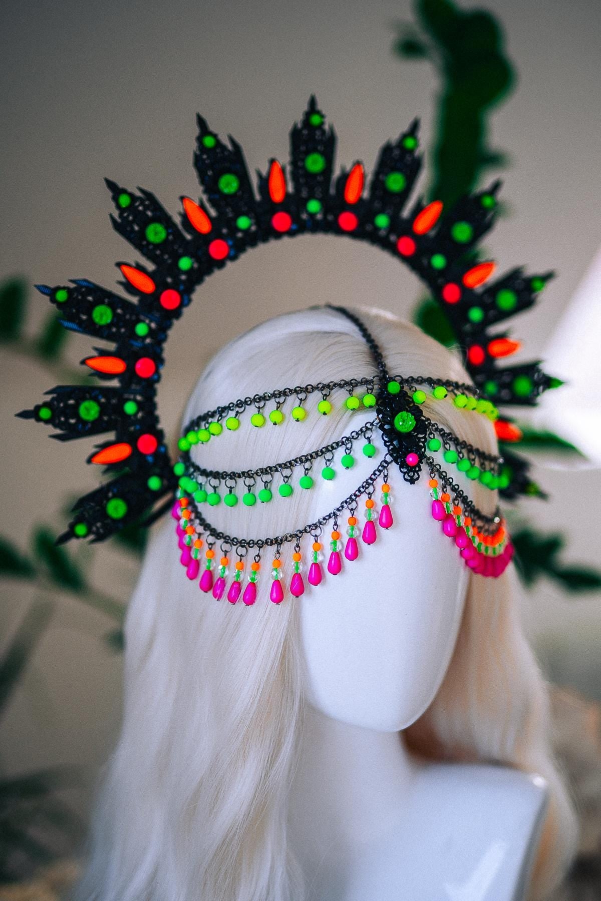 Neon UV Blacklight Halo Crown, Fluorescent Festival Headpiece, Rave Goddess Crown, Burning Man Headdress