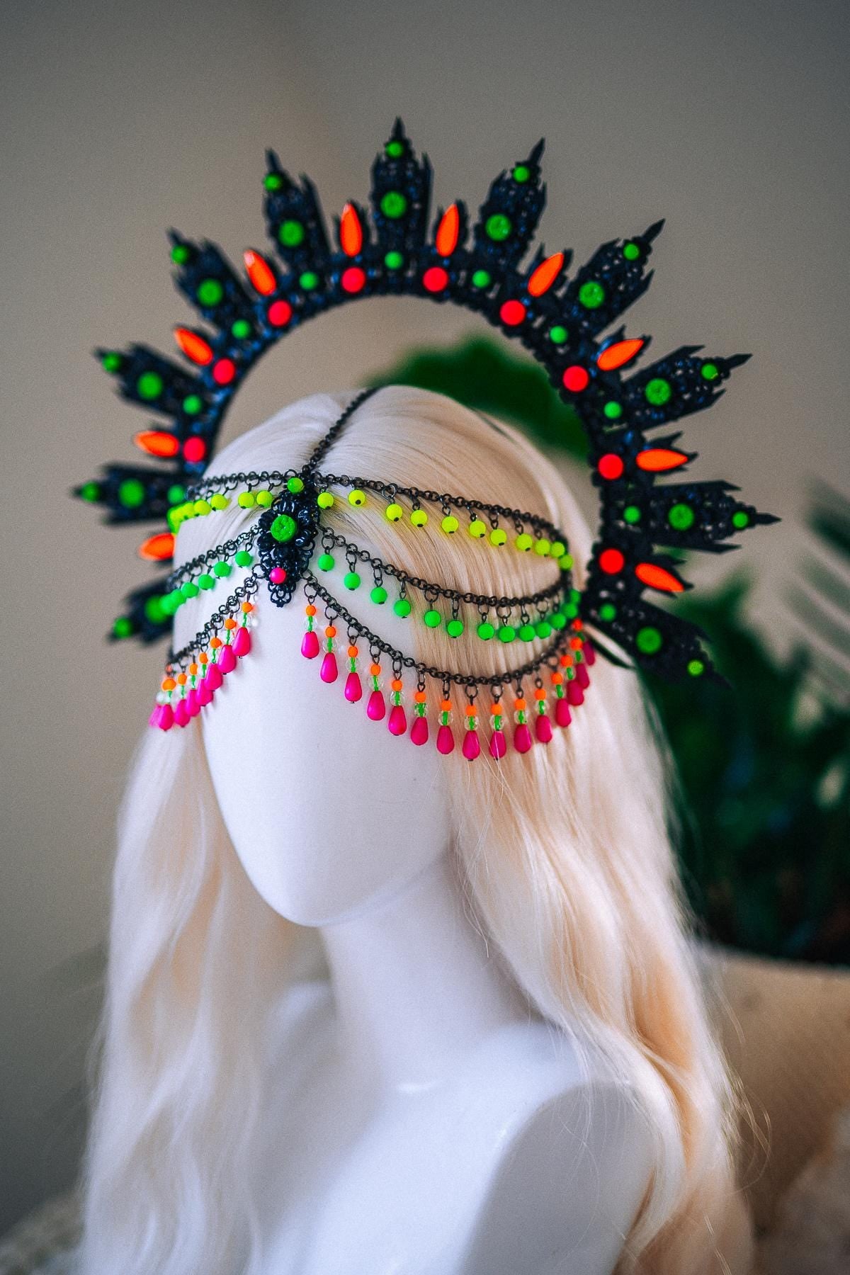 Neon UV Blacklight Halo Crown, Fluorescent Festival Headpiece, Rave Goddess Crown, Burning Man Headdress