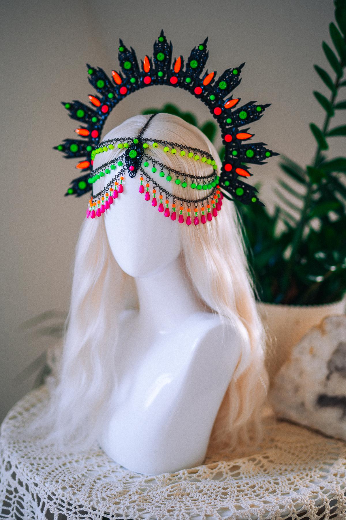 Neon UV Blacklight Halo Crown, Fluorescent Festival Headpiece, Rave Goddess Crown, Burning Man Headdress