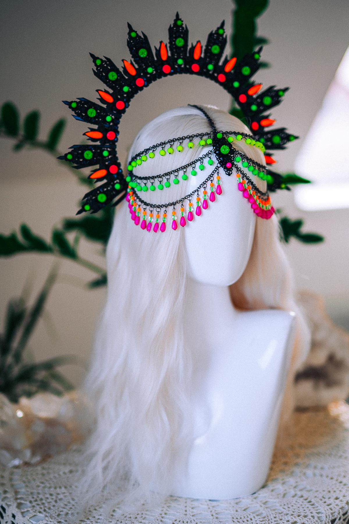 Neon UV Blacklight Halo Crown, Fluorescent Festival Headpiece, Rave Goddess Crown, Burning Man Headdress