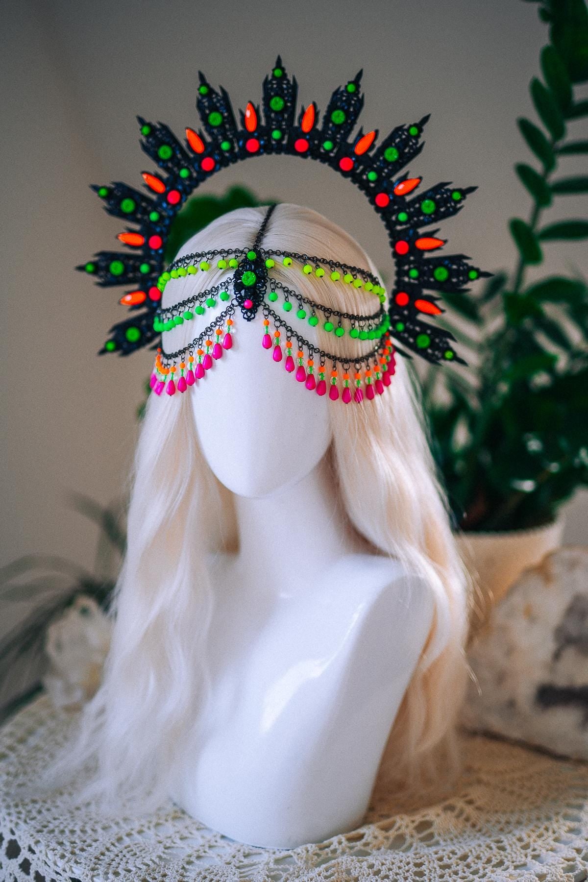 Neon UV Blacklight Halo Crown, Fluorescent Festival Headpiece, Rave Goddess Crown, Burning Man Headdress