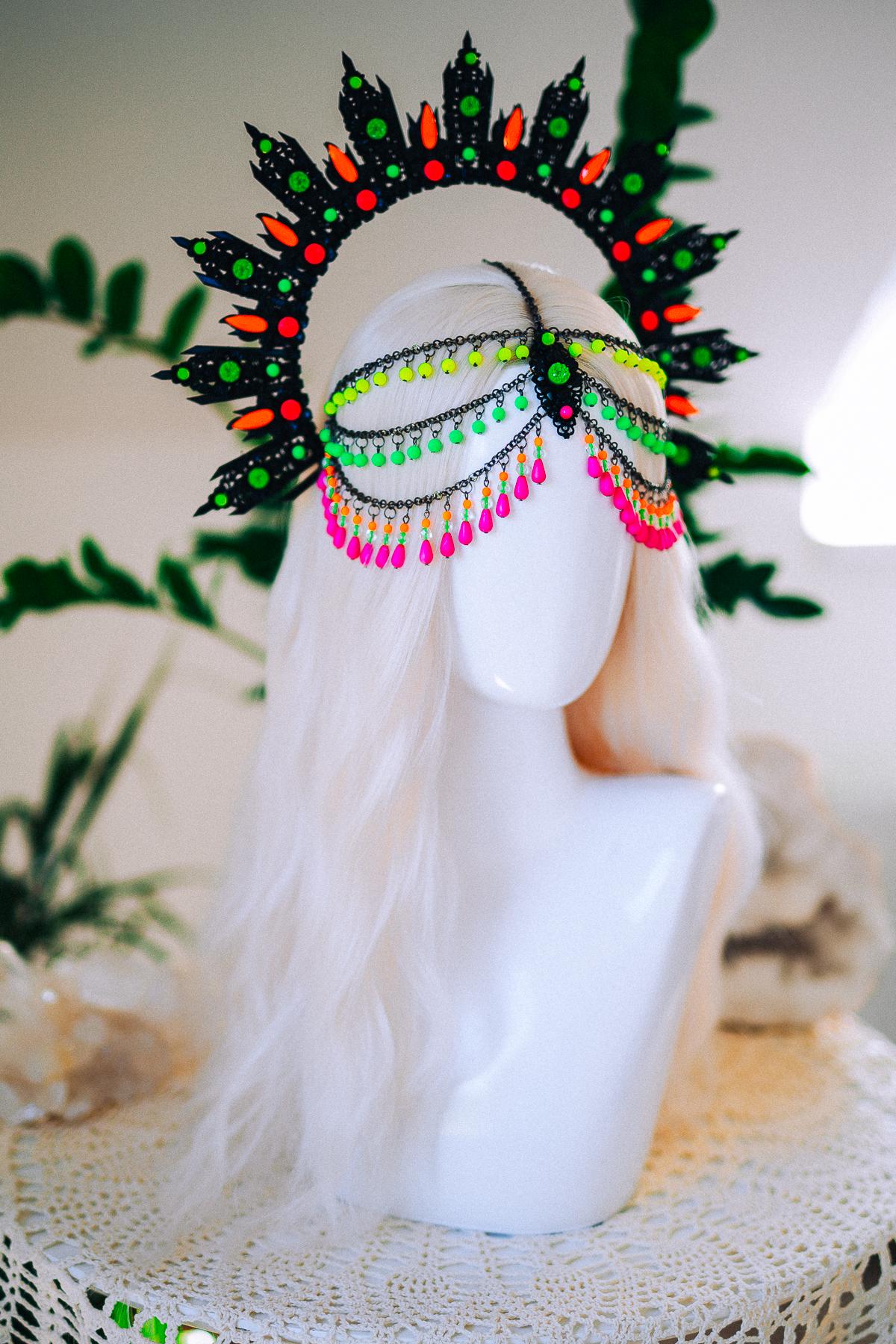 Neon UV Blacklight Halo Crown, Fluorescent Festival Headpiece, Rave Goddess Crown, Burning Man Headdress