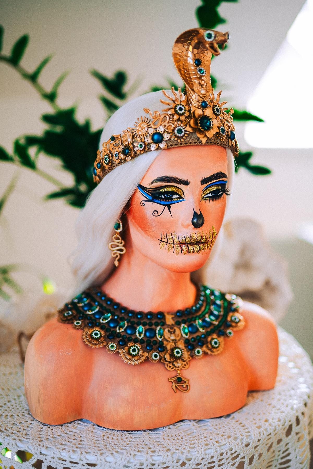 Cleopatra Emerald Egyptian Statement Necklace, Egyptian Collar Necklace, Goddess Jewelry, Pharaoh Necklace, Halloween Costume Accessory
