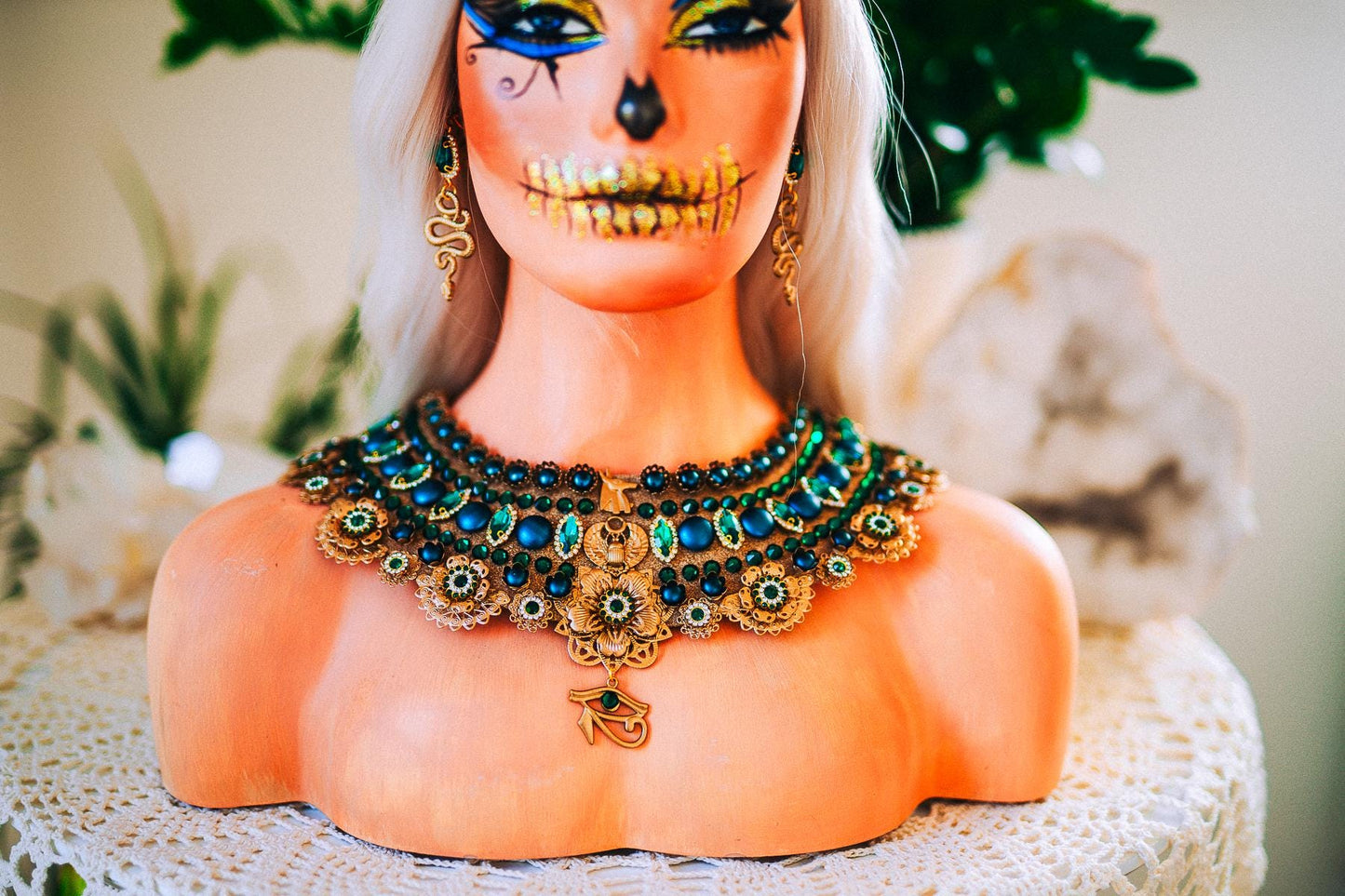 Cleopatra Emerald Egyptian Statement Necklace, Egyptian Collar Necklace, Goddess Jewelry, Pharaoh Necklace, Halloween Costume Accessory