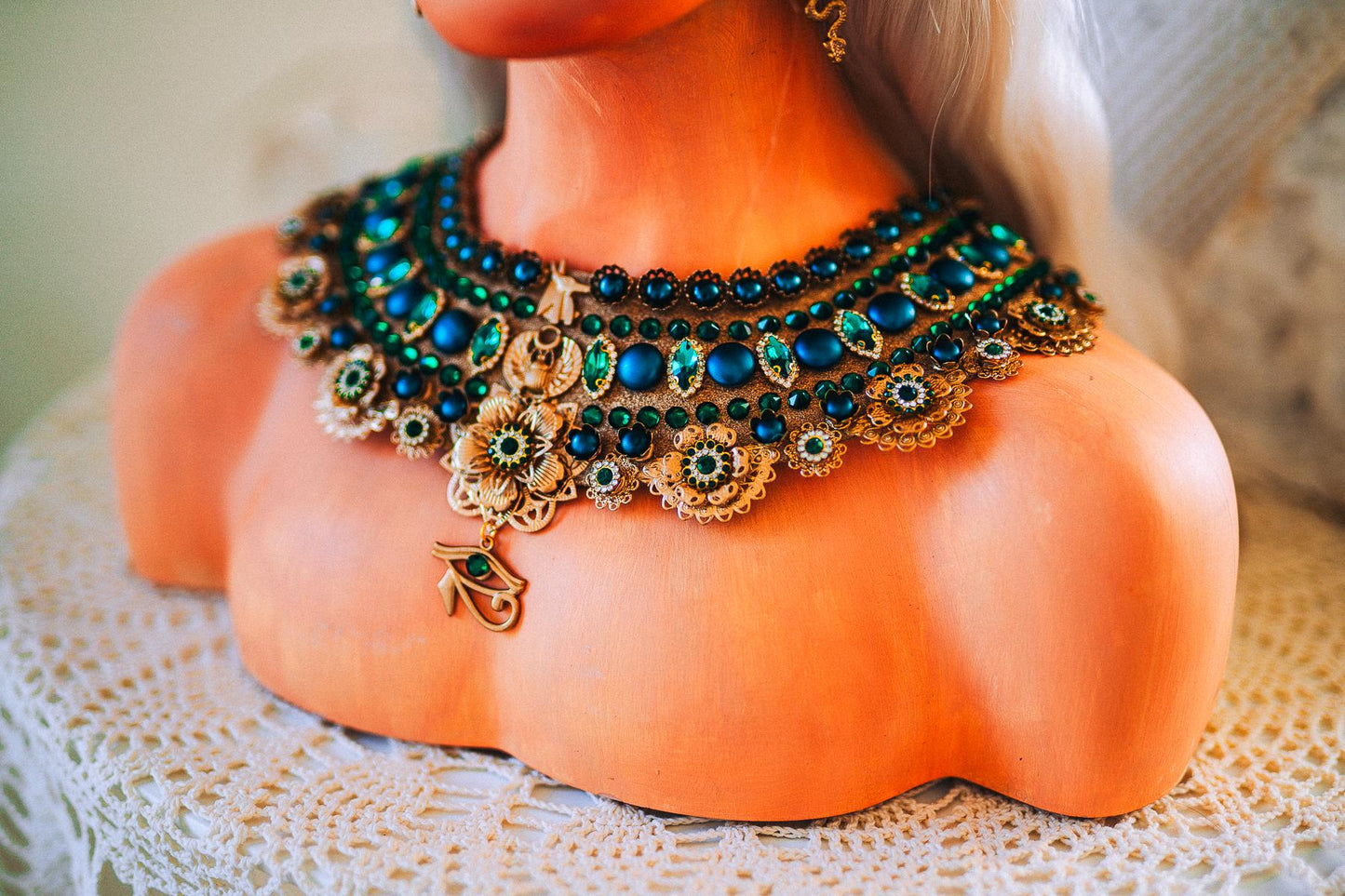 Cleopatra Emerald Egyptian Statement Necklace, Egyptian Collar Necklace, Goddess Jewelry, Pharaoh Necklace, Halloween Costume Accessory