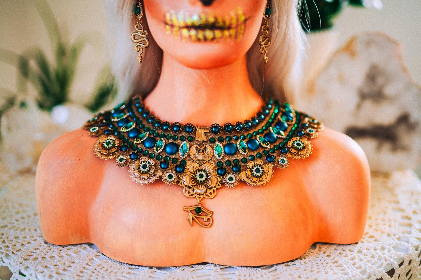 Cleopatra Emerald Egyptian Statement Necklace, Egyptian Collar Necklace, Goddess Jewelry, Pharaoh Necklace, Halloween Costume Accessory