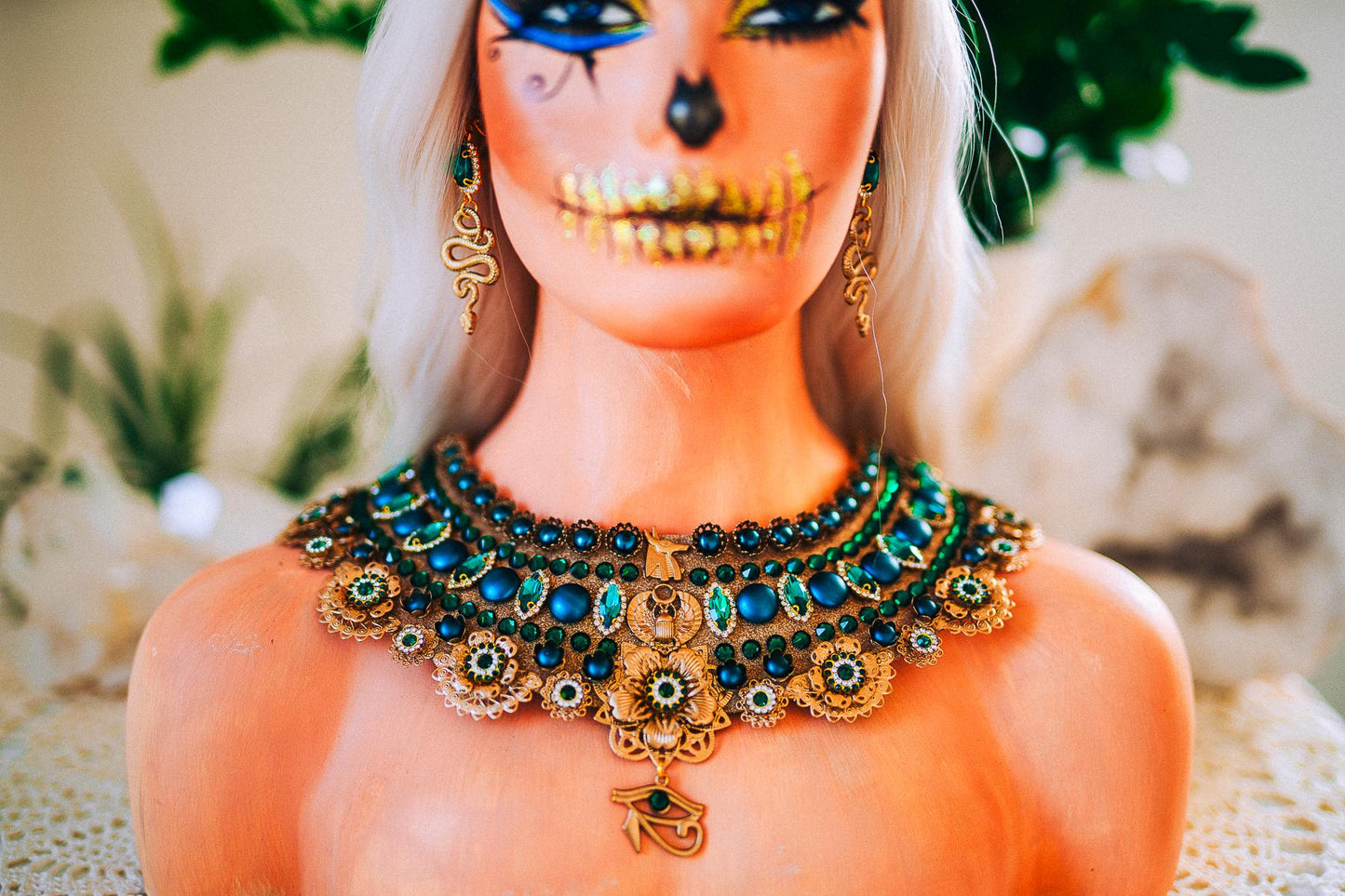 Cleopatra Emerald Egyptian Statement Necklace, Egyptian Collar Necklace, Goddess Jewelry, Pharaoh Necklace, Halloween Costume Accessory