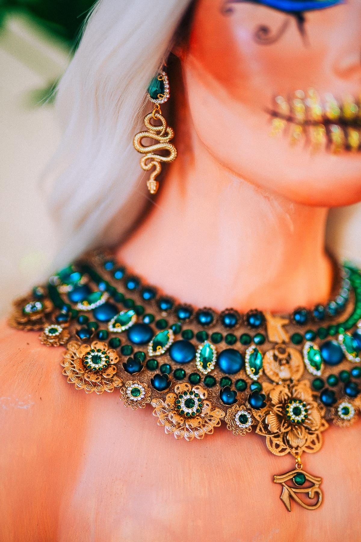Cleopatra Emerald Snake Earrings, Egyptian Earrings, Cobra Earrings, Pharaoh Jewelry, Goddess Earrings, Halloween Costume Jewelry