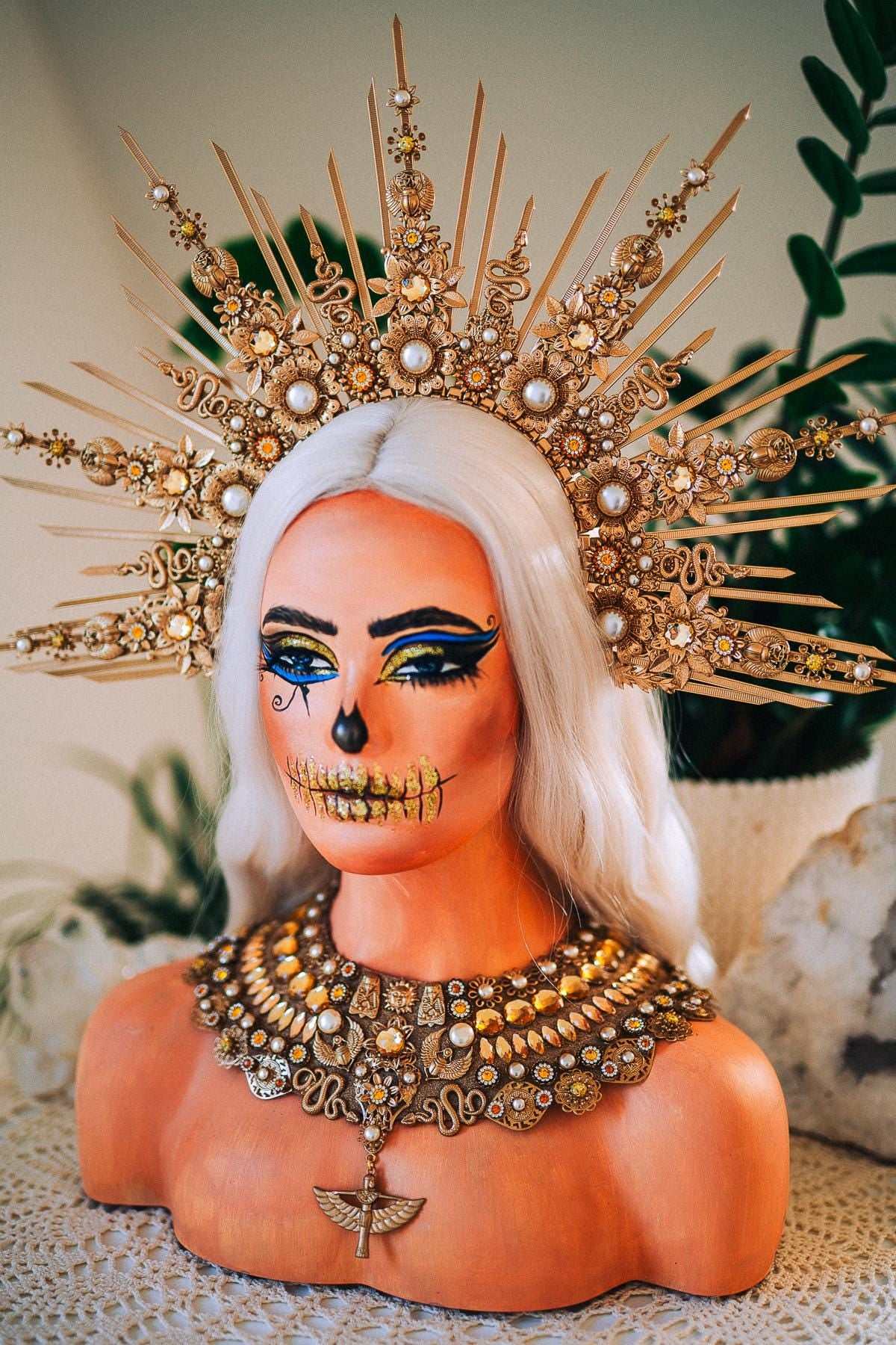 Gold Cleopatra Halo Crown, Egyptian Goddess Headpiece, Ancient Egypt Crown, Pharaoh Headdress, Halloween Crown