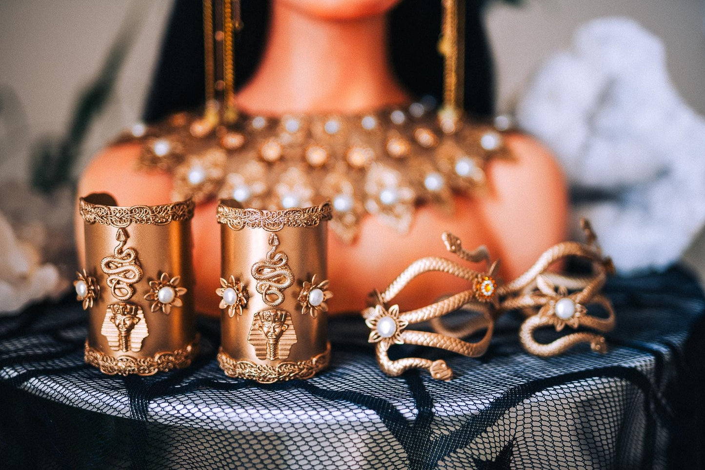 Handcrafted Egyptian Serpent Arm Cuffs, Cleopatra Inspired Gold Bracelet Set