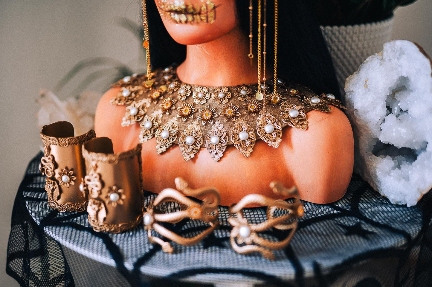 Handcrafted Egyptian Serpent Arm Cuffs, Cleopatra Inspired Gold Bracelet Set
