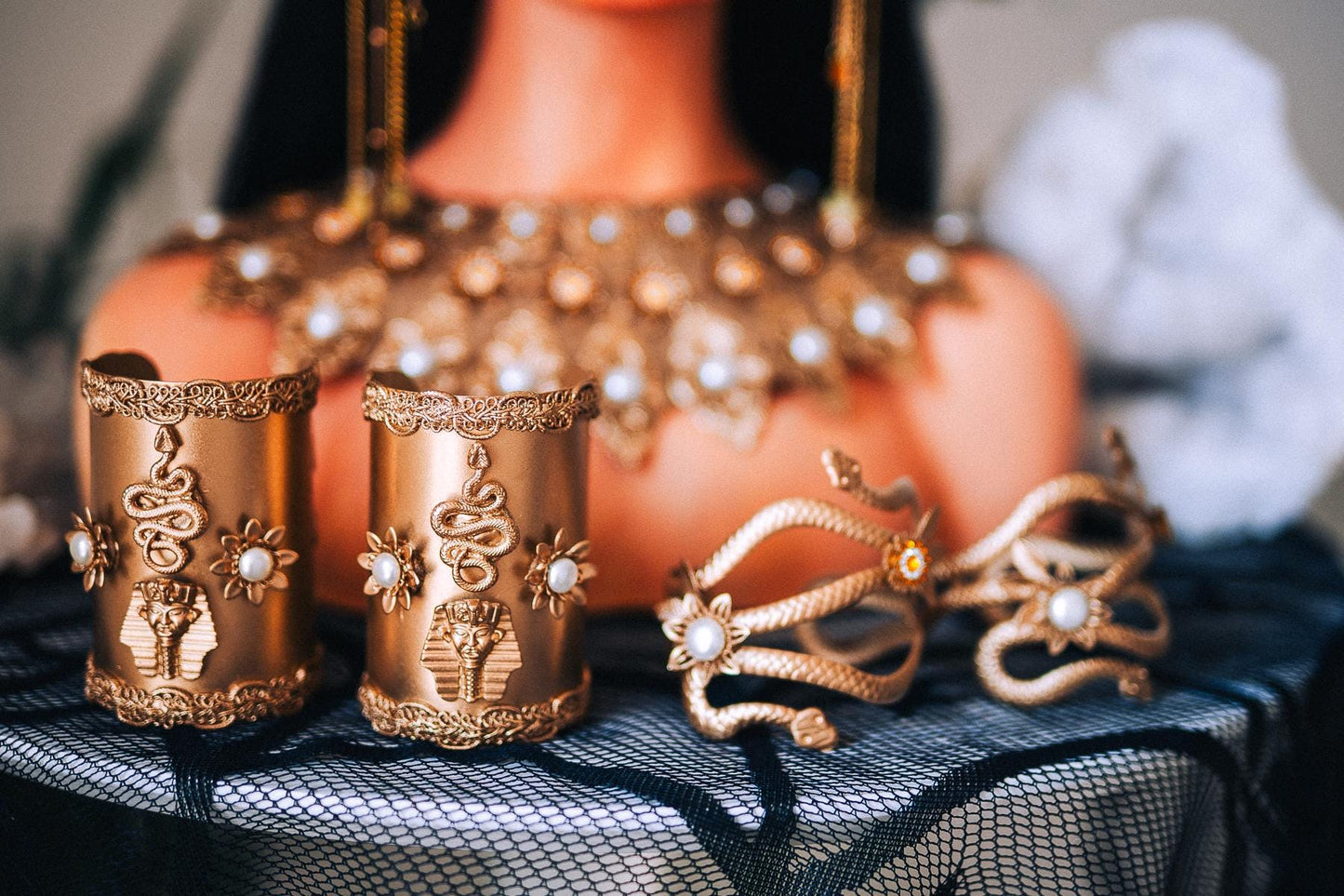Handcrafted Egyptian Serpent Arm Cuffs, Cleopatra Inspired Gold Bracelet Set