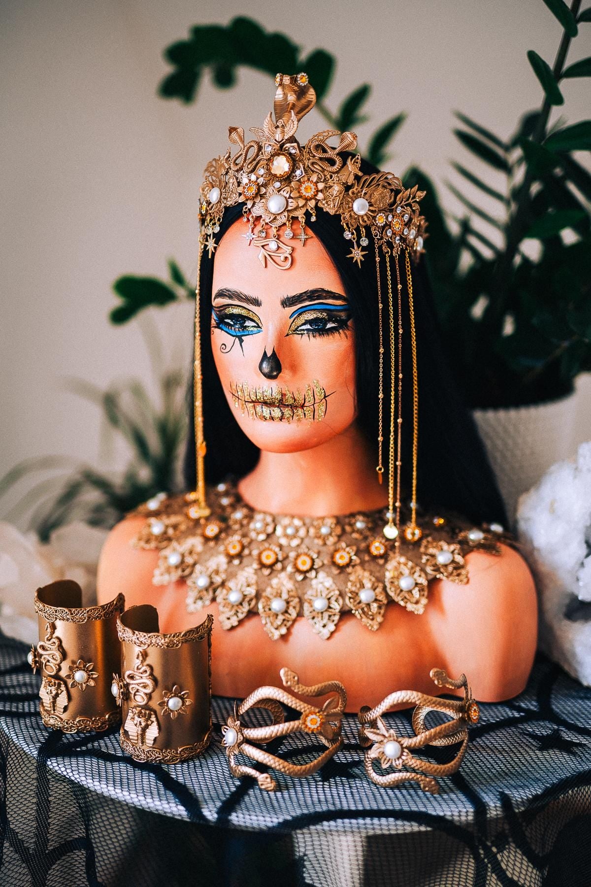 Handcrafted Egyptian Serpent Arm Cuffs, Cleopatra Inspired Gold Bracelet Set