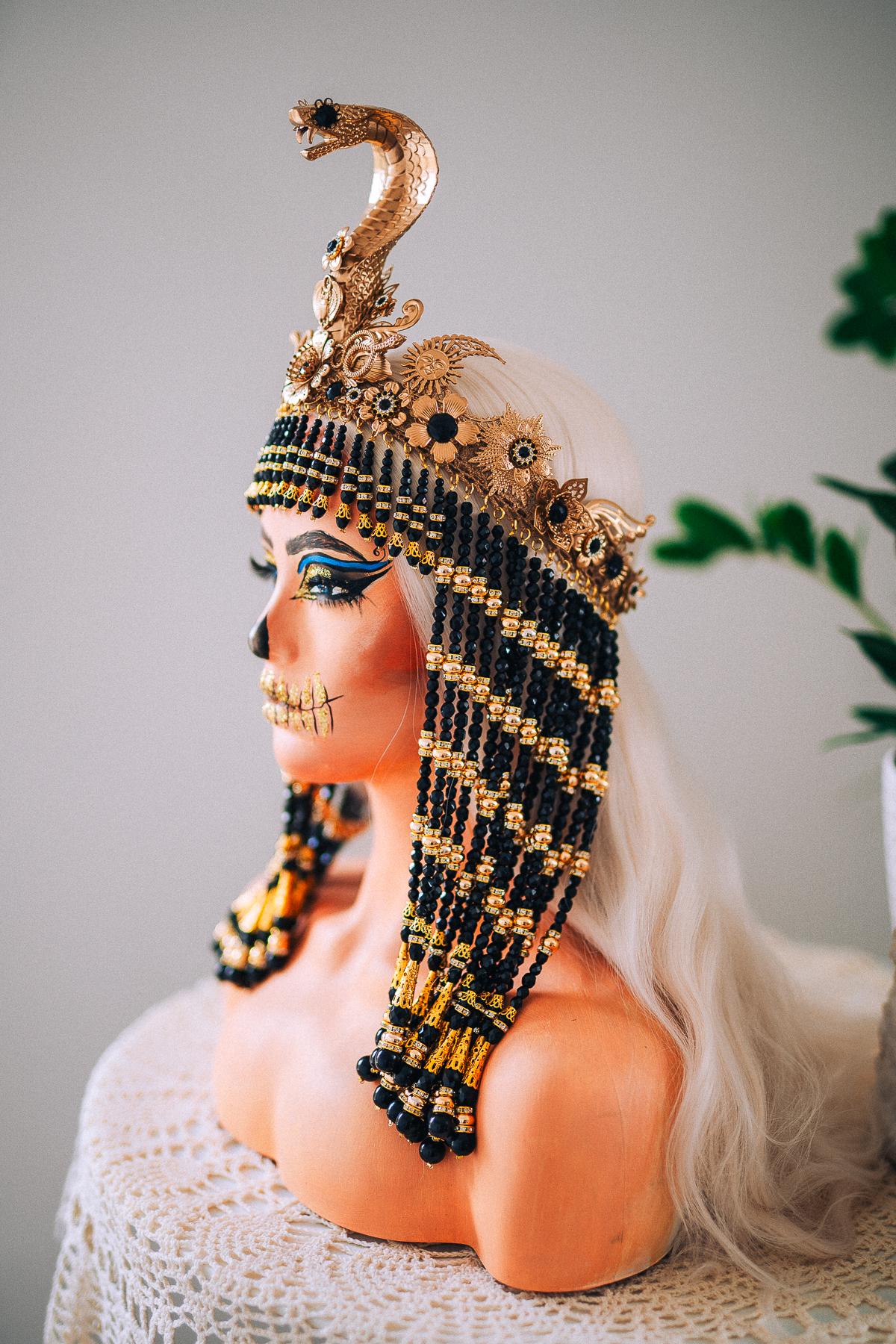 Black Cleopatra Crown, Egyptian Queen Headpiece, Beaded Cleopatra Headdress, Pharaoh Crown, Ancient Egypt Costume
