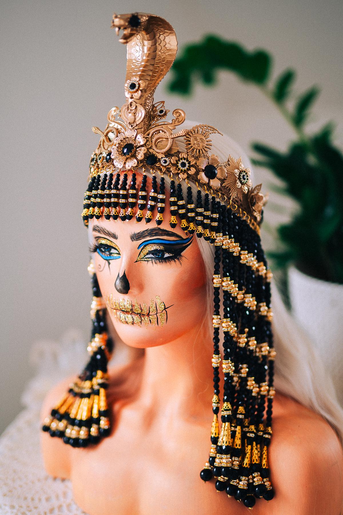 Black Cleopatra Crown, Egyptian Queen Headpiece, Beaded Cleopatra Headdress, Pharaoh Crown, Ancient Egypt Costume