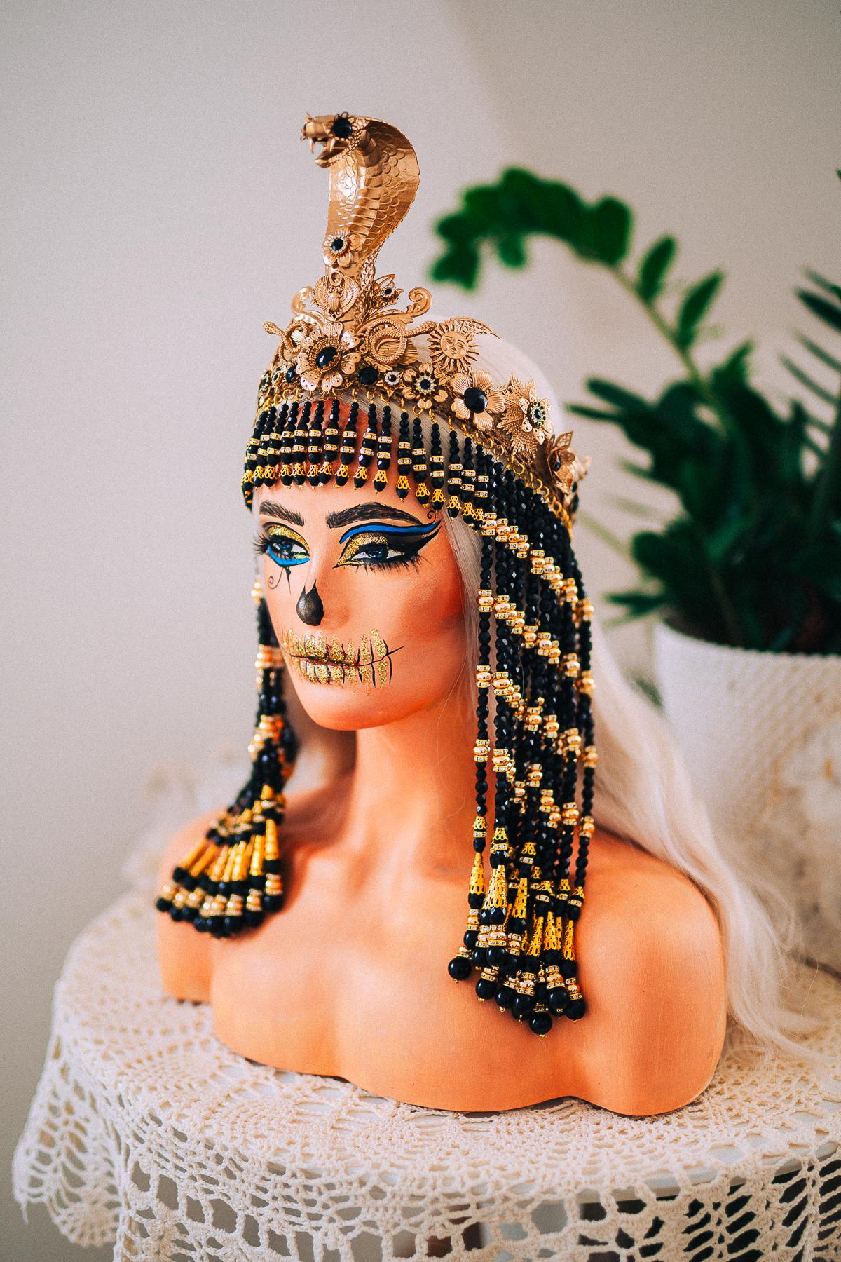 Black Cleopatra Crown, Egyptian Queen Headpiece, Beaded Cleopatra Headdress, Pharaoh Crown, Ancient Egypt Costume