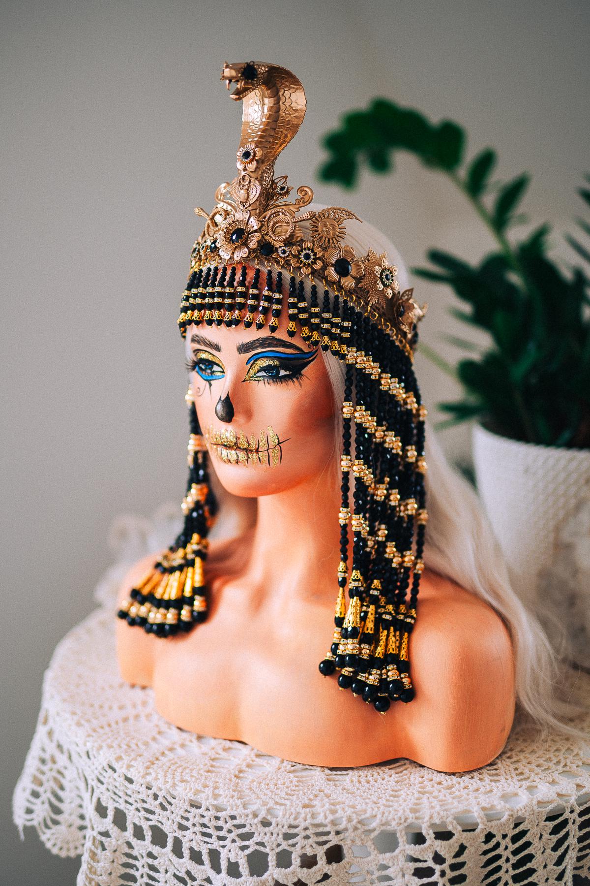 Black Cleopatra Crown, Egyptian Queen Headpiece, Beaded Cleopatra Headdress, Pharaoh Crown, Ancient Egypt Costume