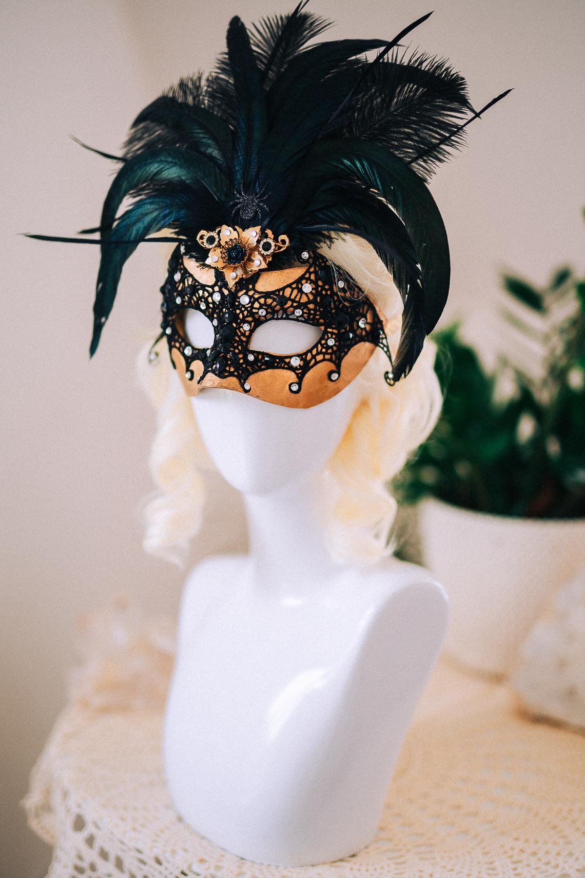 Bat Masquerade Mask, Black Lace Mask, Gothic Feather Mask, Venetian Carnival Mask, Halloween Masquerade Mask