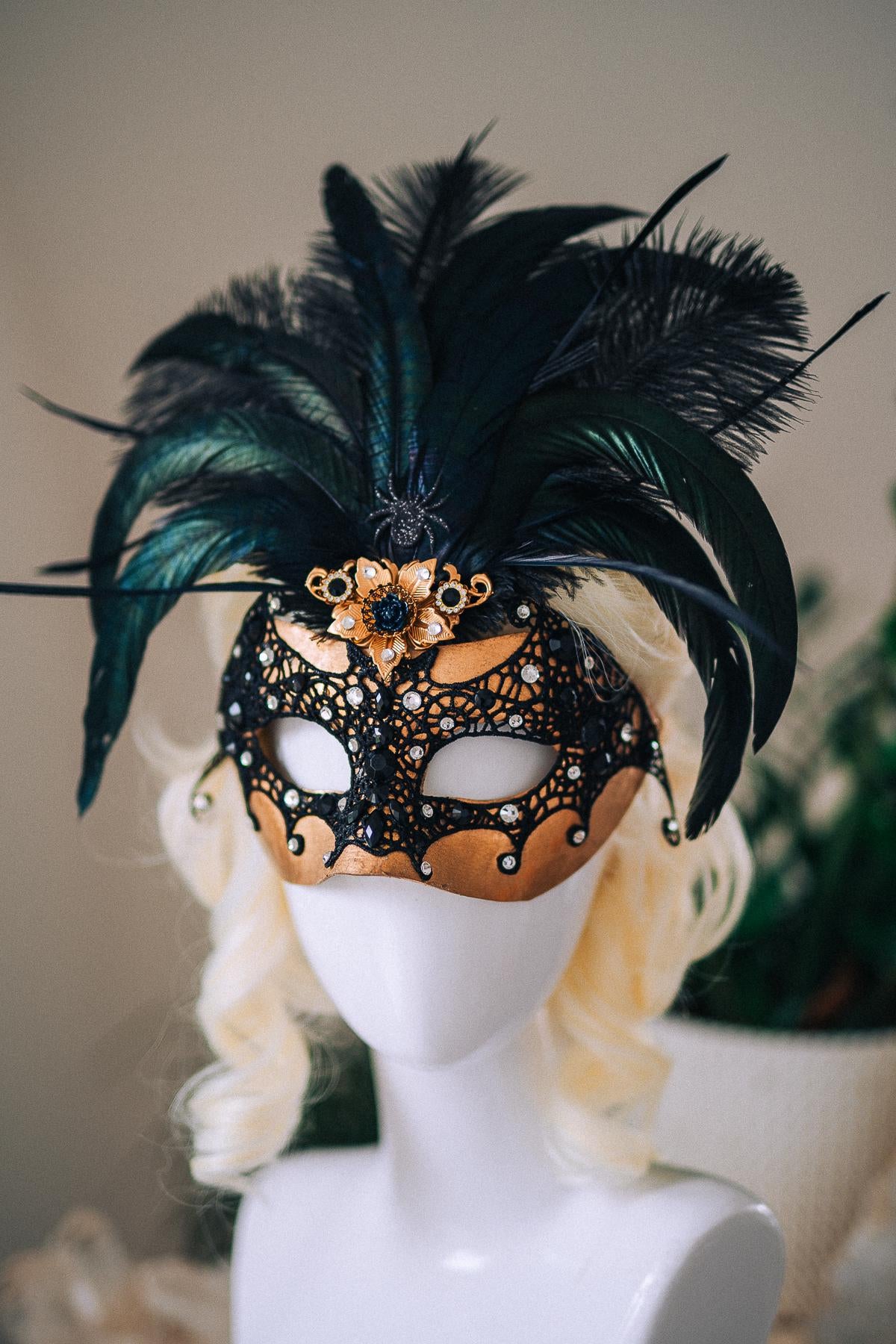 Bat Masquerade Mask, Black Lace Mask, Gothic Feather Mask, Venetian Carnival Mask, Halloween Masquerade Mask