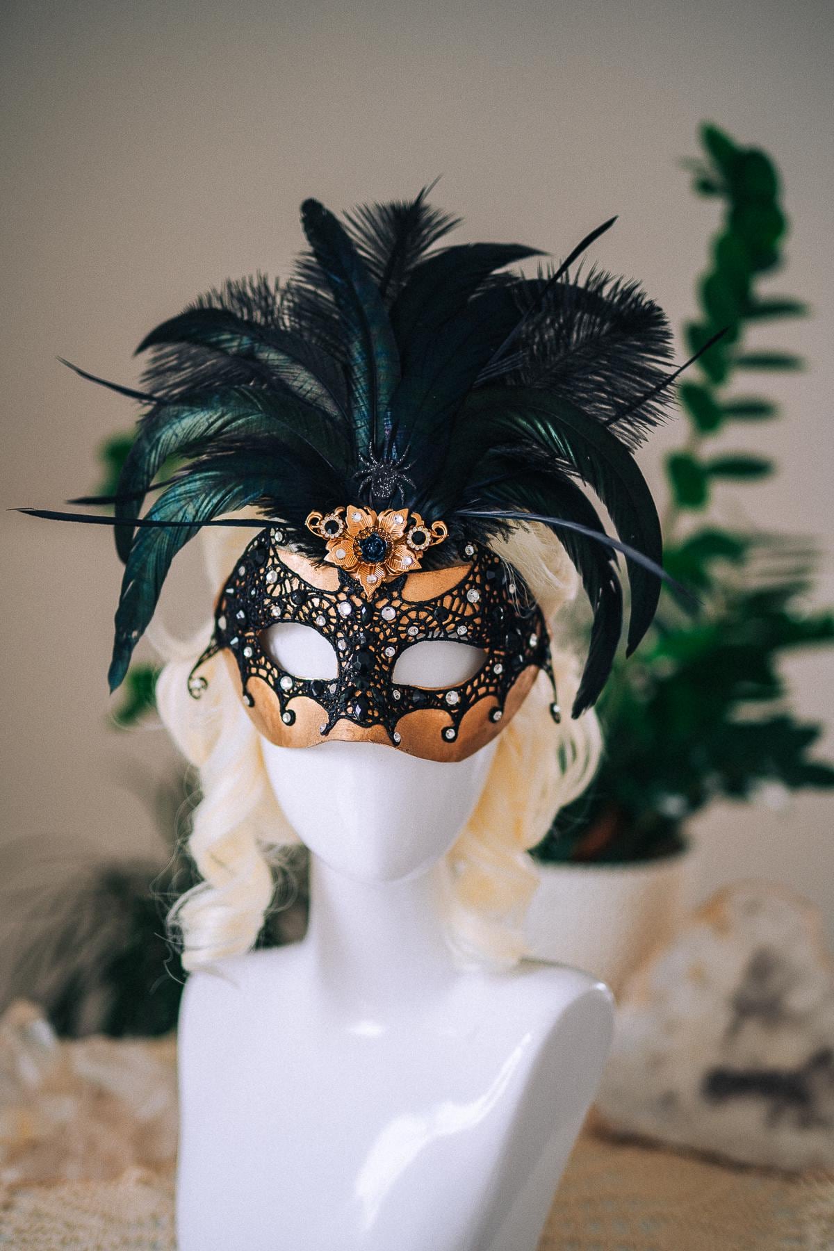 Bat Masquerade Mask, Black Lace Mask, Gothic Feather Mask, Venetian Carnival Mask, Halloween Masquerade Mask