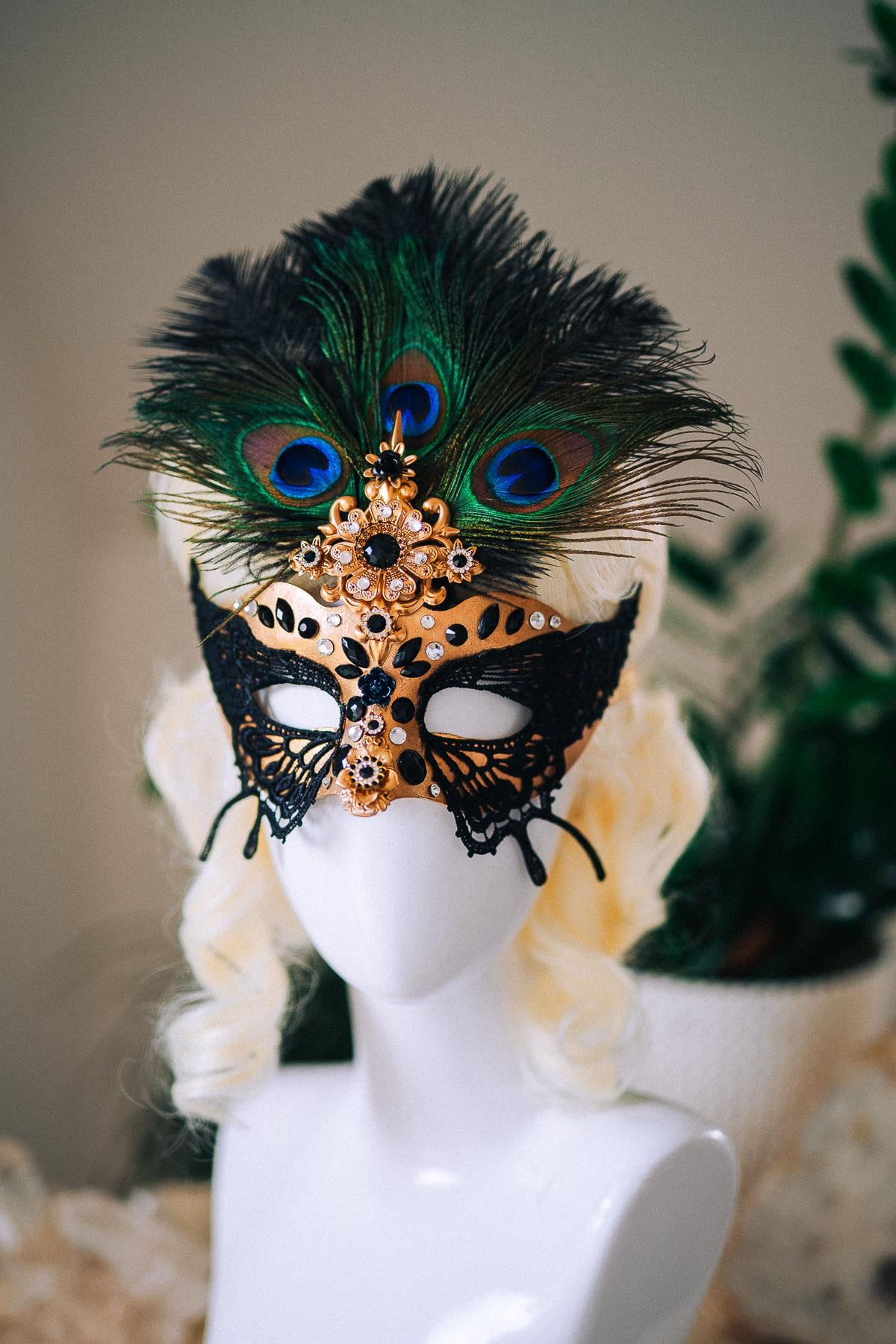 Butterfly Masquerade Mask, Peacock Feather Mask, Black Lace Mask, Venetian Carnival Mask, Gothic Halloween Mask
