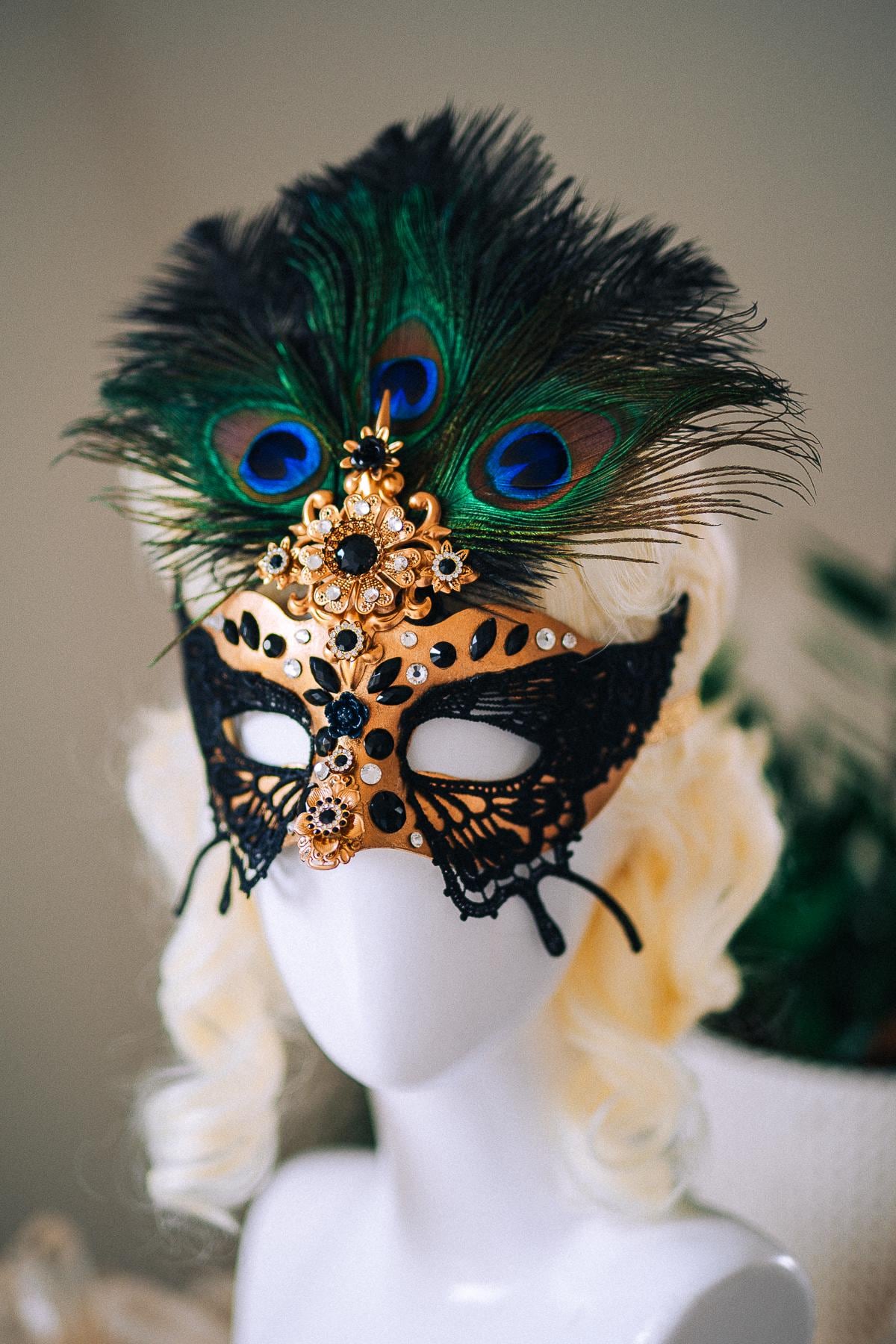 Butterfly Masquerade Mask, Peacock Feather Mask, Black Lace Mask, Venetian Carnival Mask, Gothic Halloween Mask