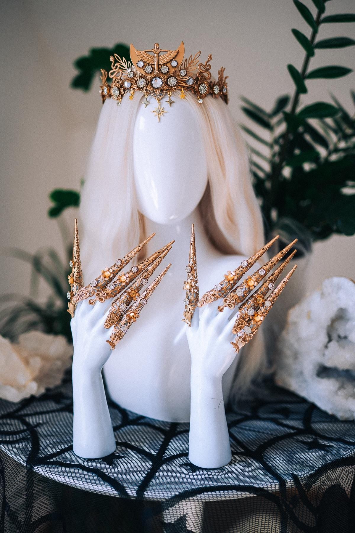 Handmade Gold Finger Claws, Egyptian Nail Rings, Statement Goddess Jewelry, Costume Accessory