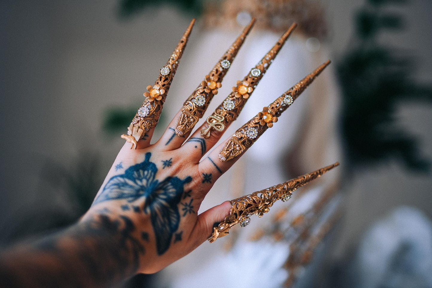 Handmade Gold Finger Claws, Egyptian Nail Rings, Statement Goddess Jewelry, Costume Accessory