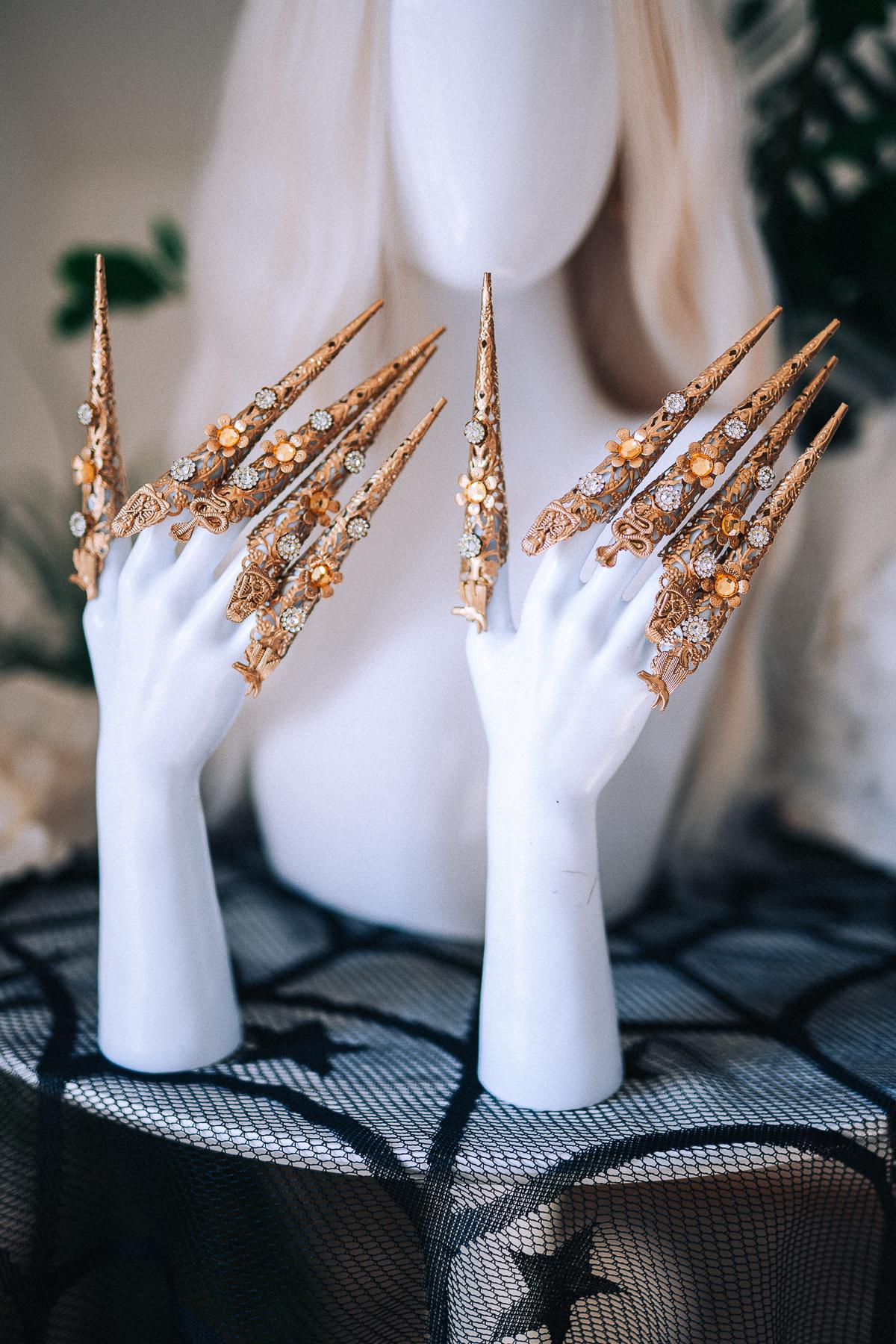 Handmade Gold Finger Claws, Egyptian Nail Rings, Statement Goddess Jewelry, Costume Accessory
