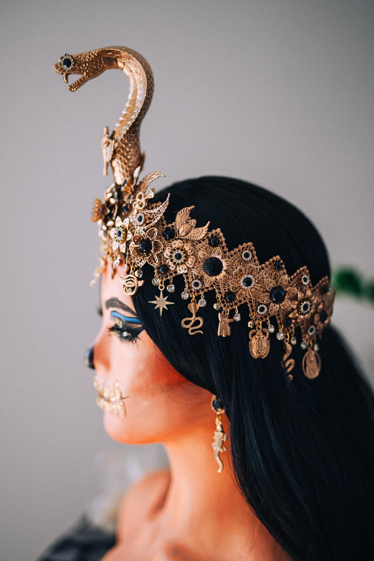 Cleopatra Crocodile Earrings, Egyptian Gold Drop Earrings, Black Crystal Earrings, Goddess Jewelry